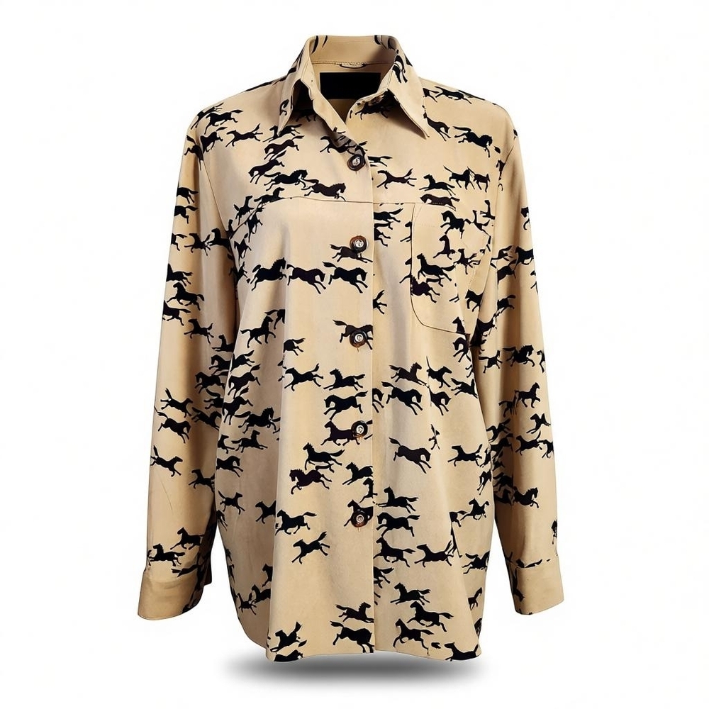 Sag Harbor True Equestrian Western Tan & Black Print Button Down Shirt Sz. 14